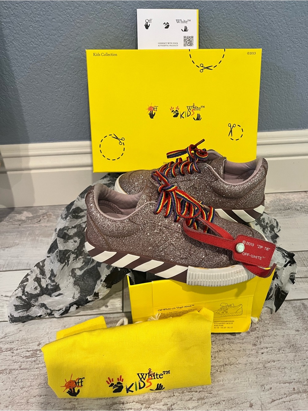 Off-White™ Kids Glitter Low Top Sneakers, EU 30, Rainbow Laces, Box, Dust Bag